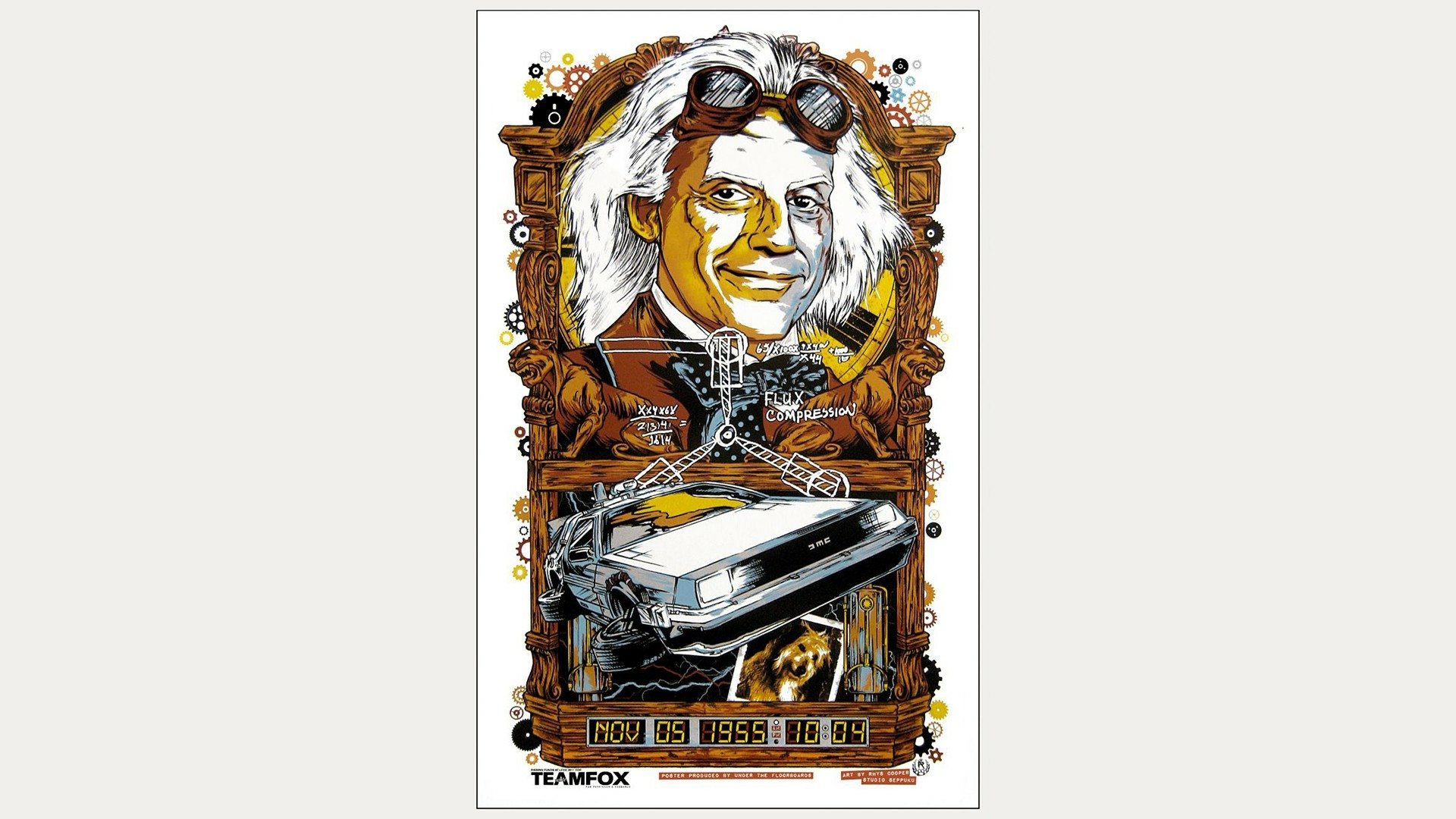 HD PC desktop wallpaper featuring an artistic illustration of Doc Brown and the DeLorean time machine from the movie Back To The Future.