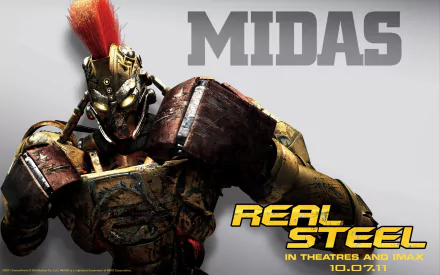 A dynamic HD wallpaper featuring Midas, the robotic character from the movie Real Steel, showcasing its fierce design and vibrant red mohawk.