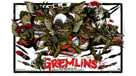 HD PC desktop wallpaper featuring a chaotic group of Gremlins from the movie Gremlins, with vivid details and the iconic red Gremlins logo.