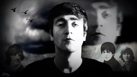 HD desktop wallpaper featuring artistic black-and-white portraits of The Beatles members: John Lennon, Paul McCartney, George Harrison, and Ringo Starr with a moody sky background.