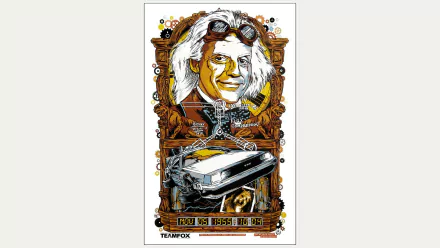HD PC desktop wallpaper featuring an artistic illustration of Doc Brown and the DeLorean time machine from the movie Back To The Future.