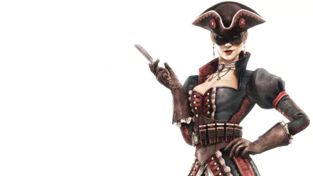 HD PC desktop wallpaper of a female pirate character from the video game Assassin's Creed IV: Black Flag, dressed in detailed black and red attire with a tricorn hat.