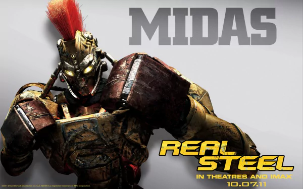 A dynamic HD wallpaper featuring Midas, the robotic character from the movie Real Steel, showcasing its fierce design and vibrant red mohawk.