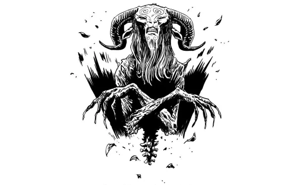 Black and white HD desktop wallpaper featuring a dark, eerie creature with horns and elongated fingers from the movie Pan's Labyrinth.