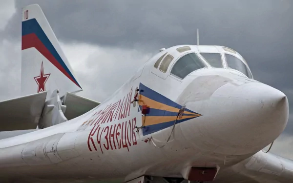 HD military desktop wallpaper showcasing a close-up view of a Tupolev Tu-160 strategic bomber against a cloudy sky.
