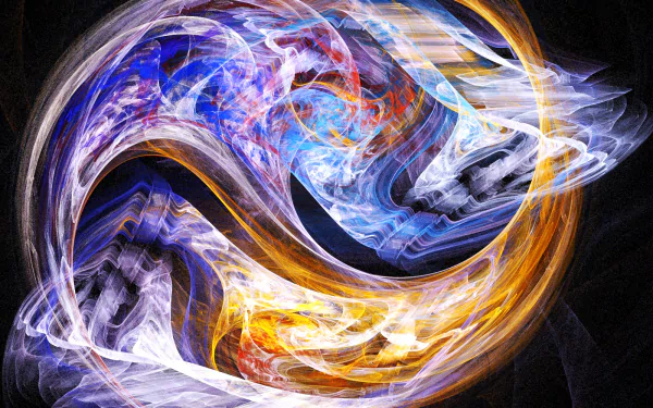 Abstract HD desktop wallpaper featuring a dynamic swirl of fiery orange and cool blue hues forming a Yin Yang-inspired design with a subtle religious, spiritual essence.