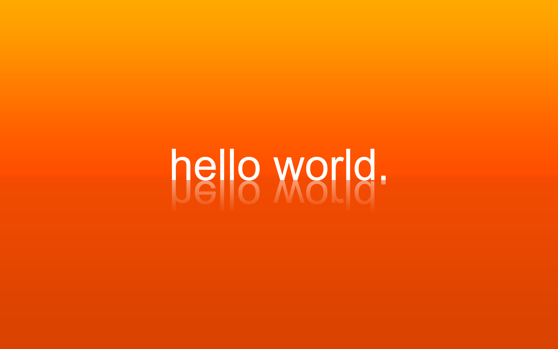 HD desktop wallpaper with an orange gradient background and the words hello world centered, themed around programming.