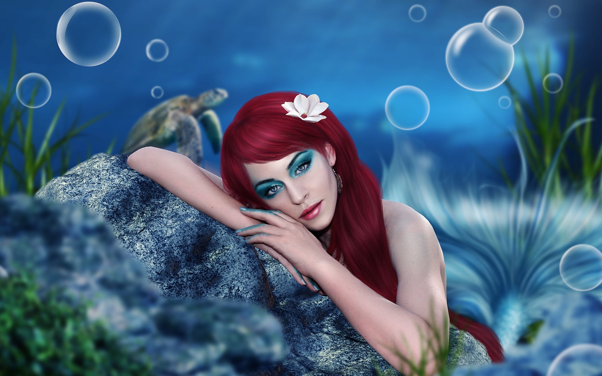 Fantasy-themed HD PC desktop wallpaper featuring a red-haired mermaid resting against an underwater rock, surrounded by bubbles and ocean plants.