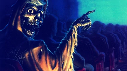 HD PC desktop wallpaper featuring a terrifying skeletal figure pointing, inspired by the movie Creepshow 2 with eerie blue and dark tones.
