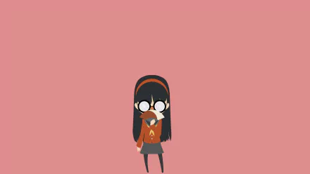 Minimal HD PC desktop wallpaper featuring a chibi Persona Q: Shadow of the Labyrinth character — bespectacled schoolgirl in an orange sweater on a solid pink background (video game).