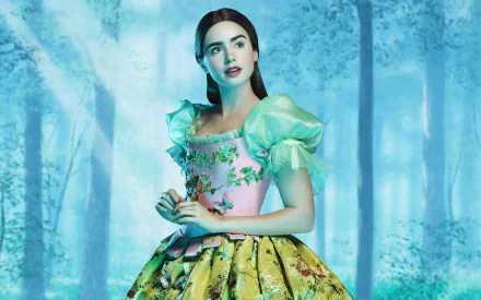 A stunning desktop wallpaper from the movie Mirror Mirror, featuring a character in an ornate gown set against a mystical forest backdrop, evoking a fairy tale atmosphere.