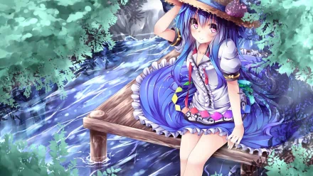 HD desktop wallpaper featuring Tenshi Hinanawi from Touhou, sitting on a wooden bridge over a serene stream, surrounded by lush greenery.