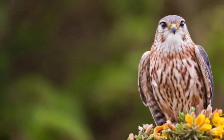 A striking falcon perches amidst vibrant flowers, showcasing its intricate feather patterns. This high-definition image serves as an eye-catching desktop wallpaper and background.