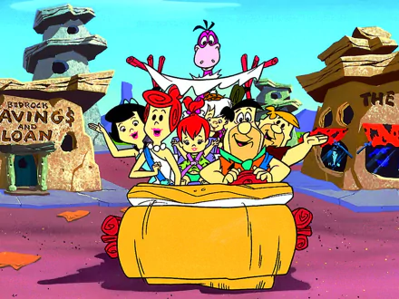 A vibrant HD wallpaper featuring characters from The Flintstones TV show, showcasing Fred, Wilma, and friends joyfully riding through their prehistoric town.