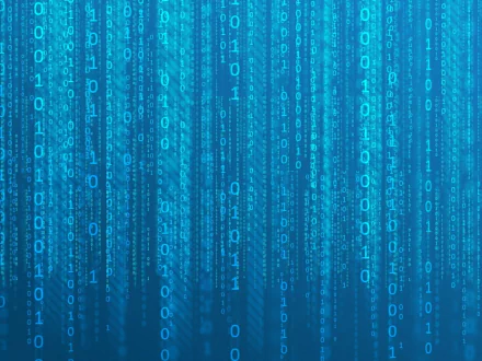 HD desktop wallpaper of binary code with 0s and 1s cascading on a blue background.