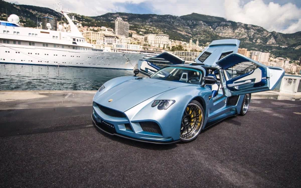 Mazzanti Evantra vehicle — metallic blue sports car with butterfly doors open by a marina with yachts; HD PC desktop wallpaper and background.