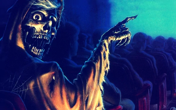HD PC desktop wallpaper featuring a terrifying skeletal figure pointing, inspired by the movie Creepshow 2 with eerie blue and dark tones.