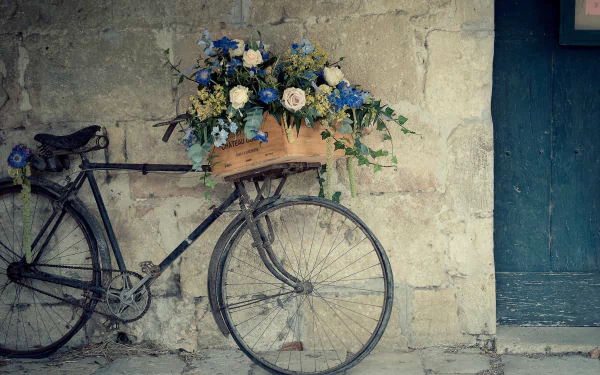 HD desktop wallpaper featuring a vintage bicycle with a basket of blue and white flowers against a textured stone wall and blue door.