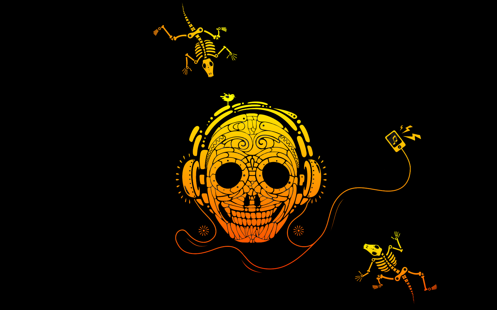 A vibrant HD PC desktop wallpaper featuring a skull with headphones, surrounded by artistic skeletons, celebrating music with a colorful and creative design.
