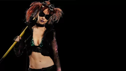 HD PC desktop wallpaper and background: masked female vigilante from the movie Kick-Ass 2 in a black outfit with green top, red pigtails, holding a yellow staff on a black backdrop.