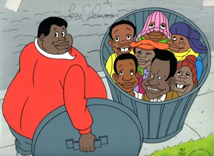 HD PC desktop wallpaper featuring characters from the TV show Fat Albert, with Fat Albert and his friends gathered inside a trash can.