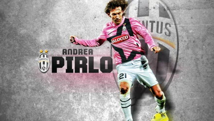 HD PC desktop wallpaper featuring Andrea Pirlo in pink Juventus sports kit, dynamically poised with club logo and name in bold on textured gray background.