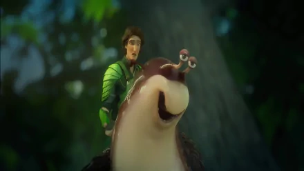 HD desktop wallpaper featuring a scene from the animated movie Epic with a male character riding a flying bird in a forest background.