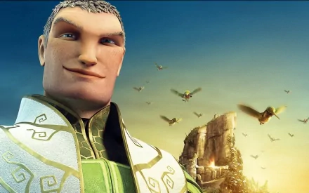 An epic HD desktop wallpaper featuring a confident animated character in a heroic pose with a vibrant, sunlit sky and flying birds in the background.