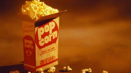 HD PC desktop wallpaper featuring a close-up of a classic red and white popcorn box overflowing with popcorn against a warm, blurred background.