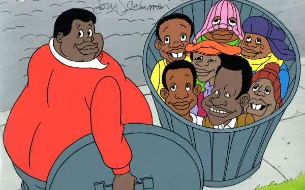 HD PC desktop wallpaper featuring characters from the TV show Fat Albert, with Fat Albert and his friends gathered inside a trash can.