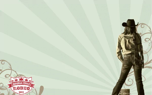 HD PC desktop wallpaper featuring a rodeo-themed design with a cowboy in western attire against a light, stylized sunburst background.