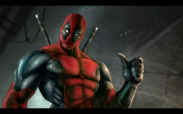 An HD desktop wallpaper featuring Deadpool, the iconic Marvel character known as the Merc with a Mouth, striking a playful pose with a thumb up against a gritty backdrop.