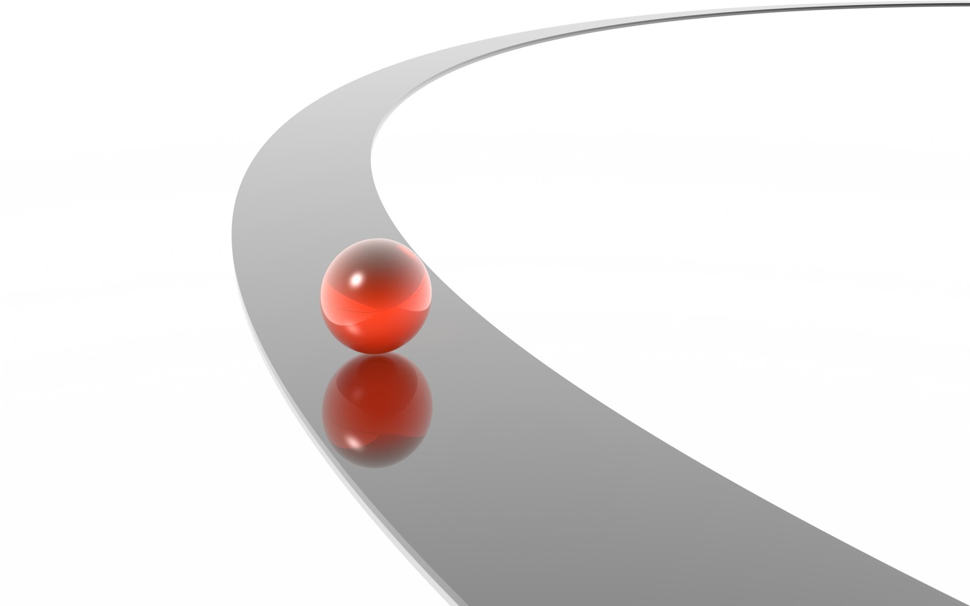 HD 3D abstract PC desktop wallpaper featuring a reflective red sphere on a curved, smooth gray path against a white background.