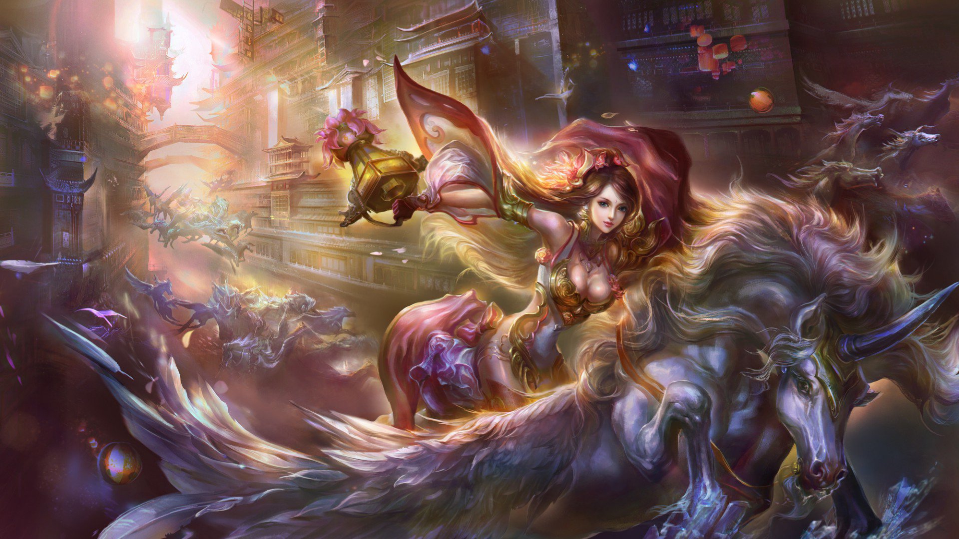 A stunning fantasy illustration of a woman riding a majestic horse, set in a vibrant, magical cityscape. This HD wallpaper captures an enchanting and adventurous scene.