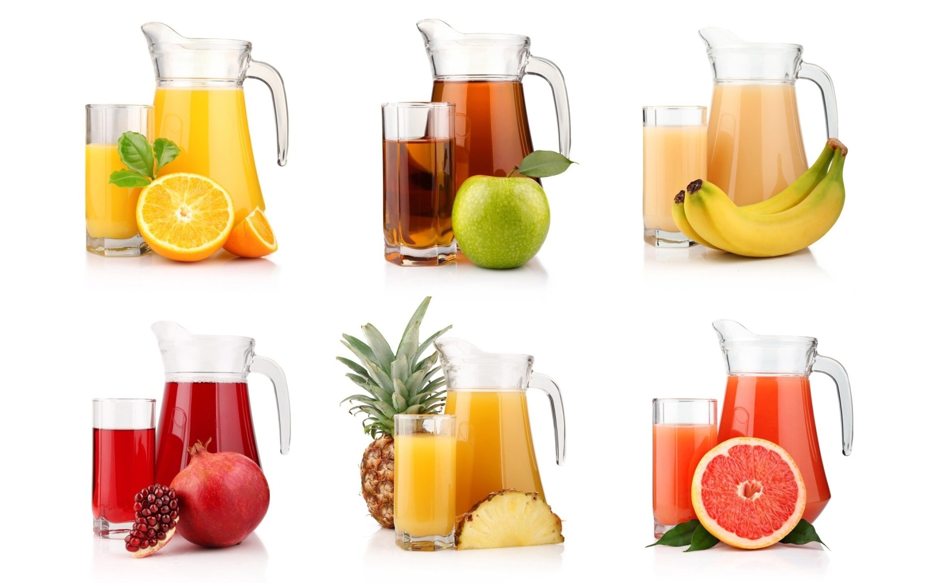 HD PC desktop wallpaper featuring pitchers and glasses of various fresh fruit juices, including orange, apple, banana, pomegranate, pineapple, and grapefruit.
