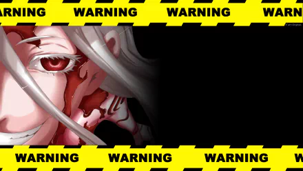 HD PC desktop wallpaper featuring Shiro from the anime Deadman Wonderland, framed by bold yellow warning tape with black text.