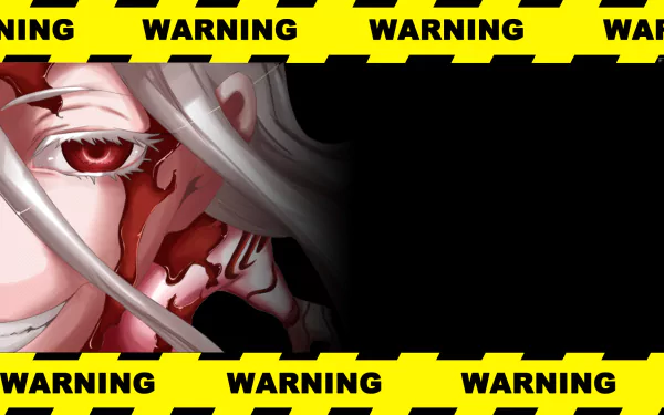 HD PC desktop wallpaper featuring Shiro from the anime Deadman Wonderland, framed by bold yellow warning tape with black text.