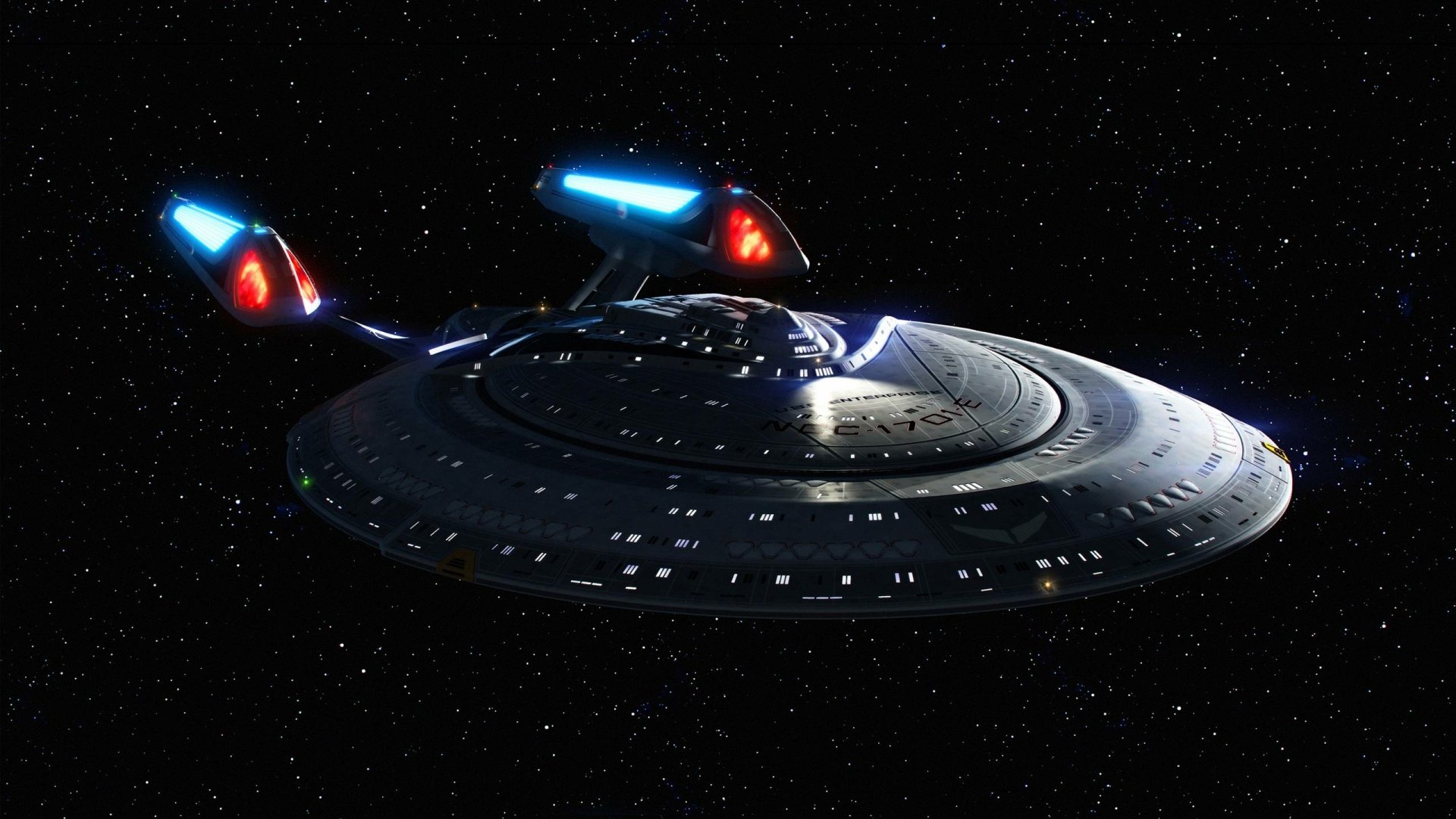 HD PC desktop wallpaper featuring a detailed Star Trek starship cruising through deep space, capturing the essence of classic sci-fi exploration.