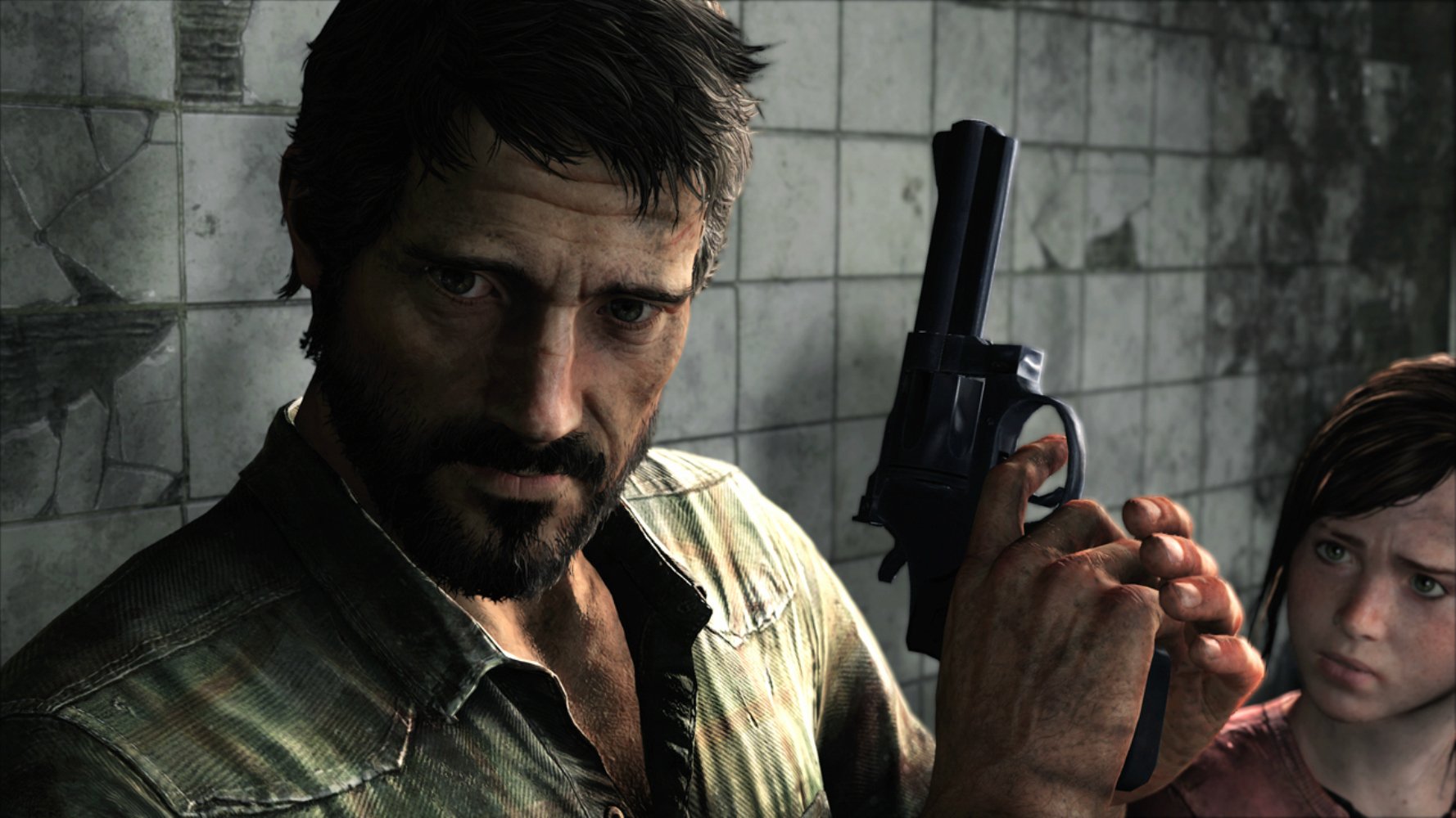 HD PC desktop wallpaper for the video game The Last of Us: rugged Joel grips a pistol while Ellie peers from behind him against a cracked, grim tiled wall.