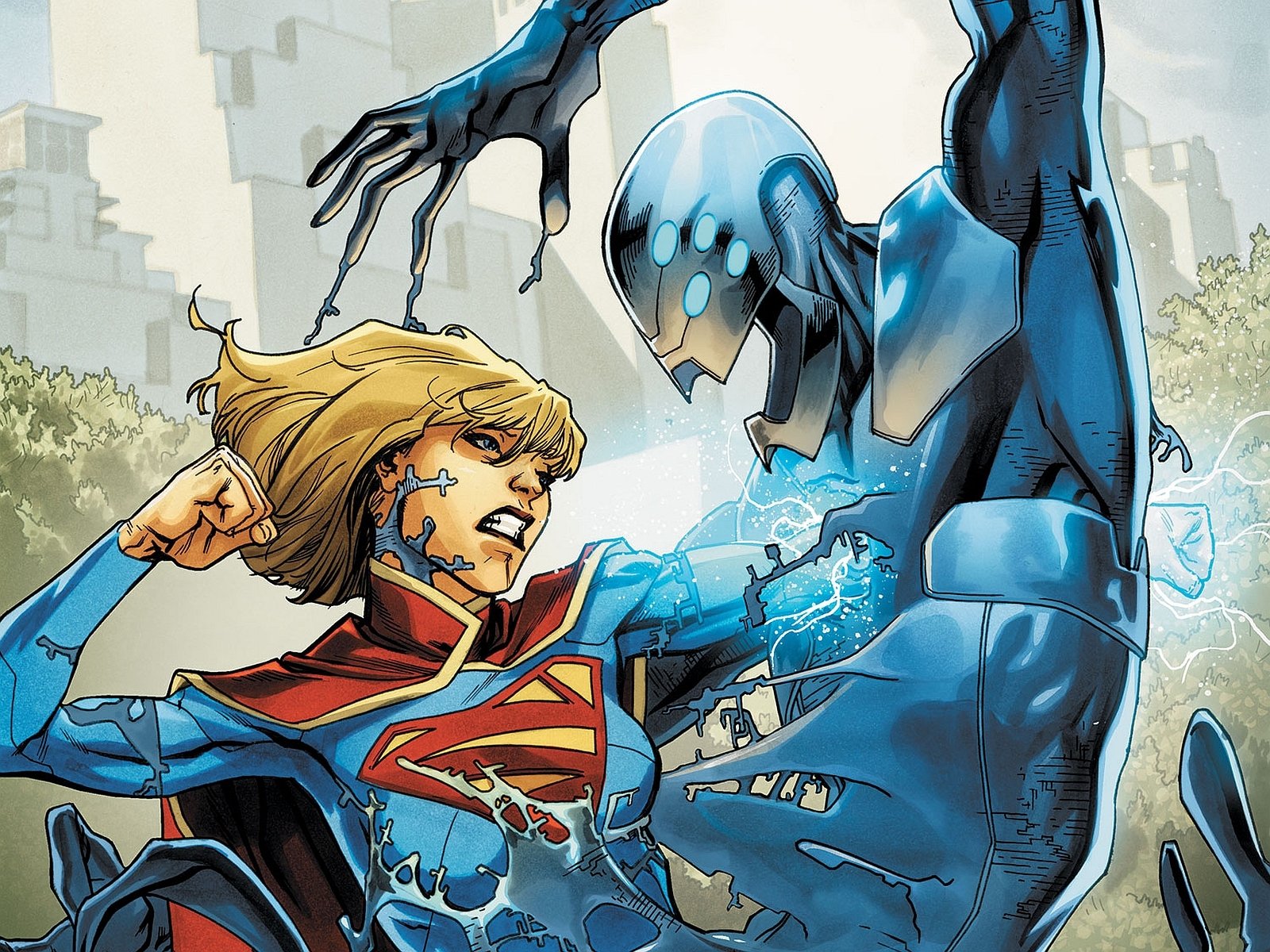 Comic HD PC desktop wallpaper/background: Supergirl in red-and-blue suit grapples with a metallic blue armored foe, electric energy crackling between them against a cityscape.