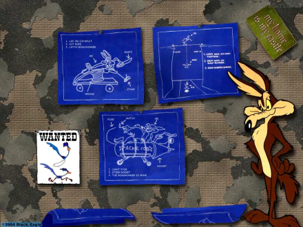 HD PC desktop wallpaper/background: Looney Tunes TV show coyote Wile E. Coyote on a camo backdrop beside ACME blueprint schematics and a Road Runner wanted poster.