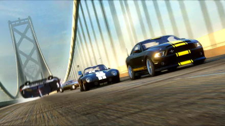 HD PC desktop wallpaper from the video game Need For Speed: The Run, featuring high-speed cars racing across a suspension bridge at sunset.