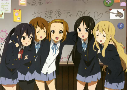Anime characters Azusa Nakano, Yui Hirasawa, Ritsu Tainaka, Mio Akiyama, and Tsumugi Kotobuki from K-ON! in school uniforms, standing together and smiling. HD desktop wallpaper.