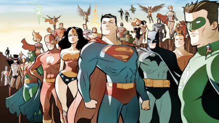 A vibrant comic-style illustration featuring the Justice League, with iconic characters like Superman, Batman, and Wonder Woman, showcased in an HD desktop wallpaper format.