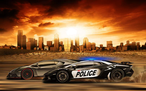 An HD wallpaper from the video game Need For Speed: Rivals, featuring a sleek sports car and a police car against a dramatic sunset background.