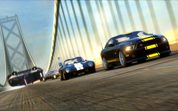 HD PC desktop wallpaper from the video game Need For Speed: The Run, featuring high-speed cars racing across a suspension bridge at sunset.