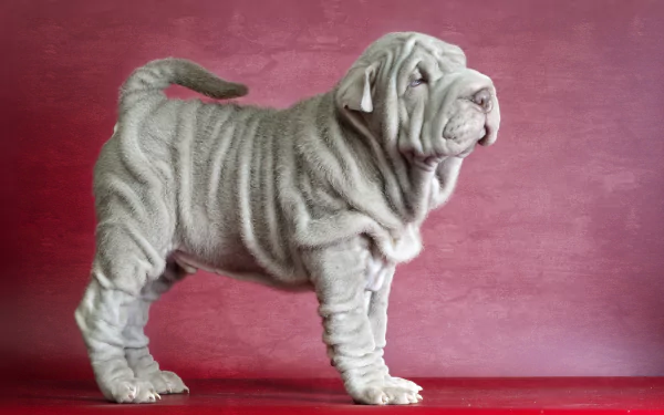A beautiful Shar Pei stands against a vibrant red background, showcasing its unique wrinkled coat. This image serves as an HD PC desktop wallpaper.