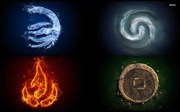 Artistic elemental HD PC desktop wallpaper featuring water, air, fire, and earth symbols glowing against dark backgrounds in a dynamic, elemental composition.