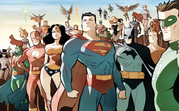 A vibrant comic-style illustration featuring the Justice League, with iconic characters like Superman, Batman, and Wonder Woman, showcased in an HD desktop wallpaper format.