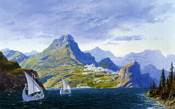 HD fantasy desktop wallpaper inspired by The Silmarillion, depicting a serene coastal landscape with sailing ships, lush mountains, and a distant white city under a cloudy sky.